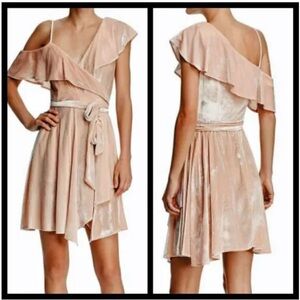 WAYF Anthropologie Blush Pink Cold Shoulder Velvet Wrap Dress‎ NWT Size XS